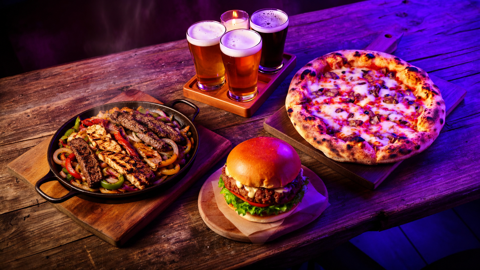A spread of plated American fare and craft beer on a wood table