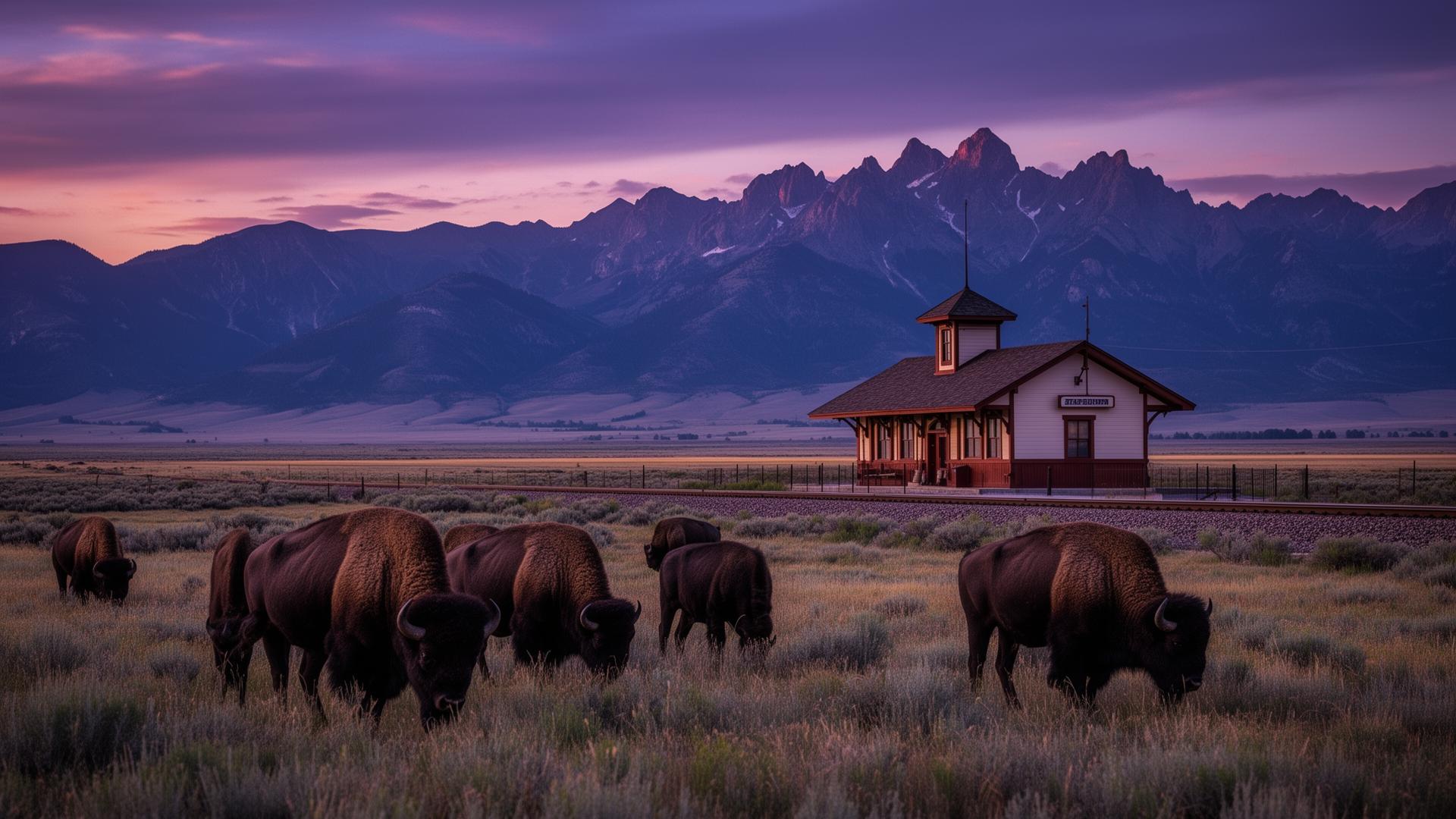 Bison grazing near a historic depot at dusk in Wyoming
